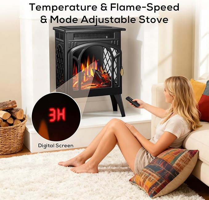ZAFRO 24" Freestanding Electric Fireplace Stove with Remote, Adjustable Flame Color and Brightness, Fireplace Heater with Thermostat/Timer/Dimmer/Overheat Protection for Bedroom, Living Room(Black)