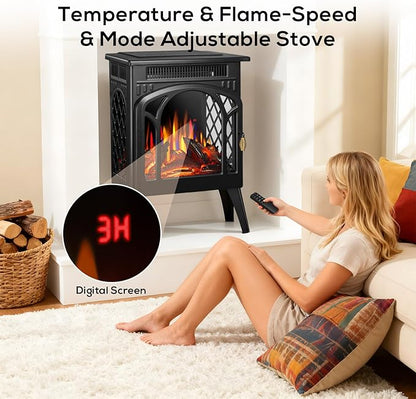 ZAFRO 24" Freestanding Electric Fireplace Stove with Remote, Adjustable Flame Color and Brightness, Fireplace Heater with Thermostat/Timer/Dimmer/Overheat Protection for Bedroom, Living Room(Black)