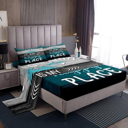 Manfei Happy Camping Kids Sheet Set Queen Size, Blue Grey Black Wooden Plank Bedding Set for Boys Teens Room Decor, Rustic Farmhouse Bed Sheet Set 4pcs (Fitted Sheet, Flat Sheet, 2 Pillowcases)