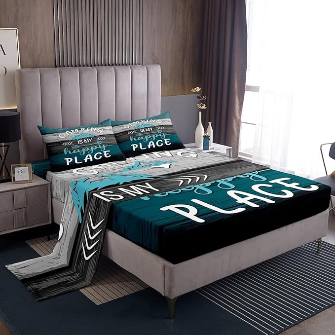 Manfei Happy Camping Kids Sheet Set Full Size, Blue Grey Black Wooden Plank Bedding Set for Boys Teens Room Decor, Rustic Farmhouse Bed Sheet Set 4pcs (Fitted Sheet, Flat Sheet, 2 Pillowcases)