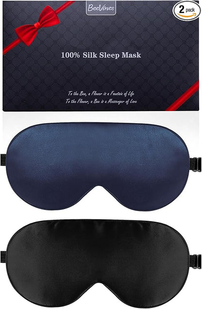 BeeVines 100% Real Mulberry Silk 2 Pack Sleep Mask, Pure Silk Eye Masks with Adjustable Strap for Sleeping, 100% Block Light Eye Sleep Shade Cover, Reduces Puffy Eyes Traveling Gifts(Black & Blue)