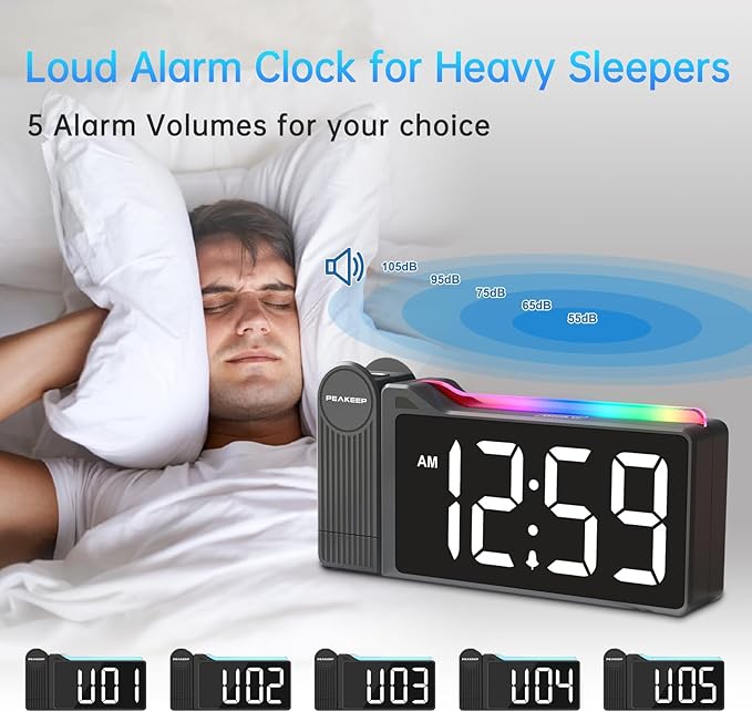 Peakeep Projection Alarm Clock for Bedroom Ceiling 180° Rotatable, Loud for Heavy Sleepers, Colorful Nightlight, 5 Brightness Dimmable Large Number Bedside Electric LED Digital Clock with USB Port