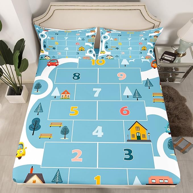 Rertro Blue Farmhouse Fitted Sheet Twin Size,Cartoon House Building City Trees Bedding All-Round Elastic Pocket,Digital Graffiti Boys Teens Bed Sheet 2 Pieces Fits Mattress(No Flat Sheet)