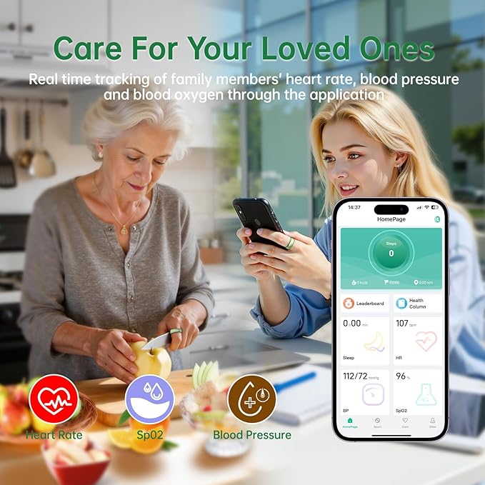 Smart Ring for Women & Men, Health Tracker Ring with Heart Rate, Blood Oxygen,Blood Pressure, IP68 Waterproof Fitness Ring, Sleep Tracker for iPhone and Android, No APP Fee (Green, 8#)