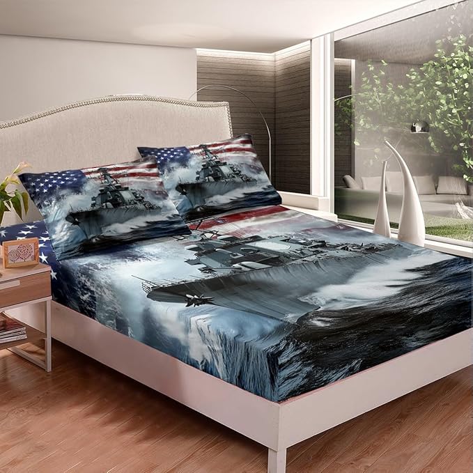 3D Warship Kids Fitted Sheet Queen Size,Navy Army Combat Ship Ocean Waves Bedding Set,Boys Men Room Decor,American Flag Geometric Stripes Bed Cover,Blue Grey Bed Sheet,2 Pillowcases(No Top Sheet)