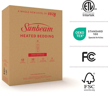 Sunbeam Royal Ultra Fleece Heated Electric Blanket Full Size, 84" x 72", 12 Heat Settings, 12-Hour Selectable Auto Shut-Off, Fast Heating, Machine Washable, Warm and Cozy, Pebble