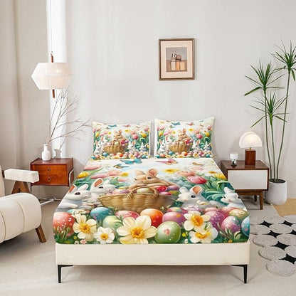 Happy Easter Bed Sheet Twin Size Cute Rabbits Eggs Floral Bedding Set Butterfly Spring Tulip Fitted Sheet Kids Boys Girls Room Decor Colorful Soft Sheets with 1 Pillowcase,No Top Flat