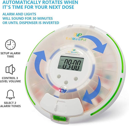 EziMedPil Automatic Pill Dispenser with Alarm, Sound & Light, up to 6 Alarms/Day, 6 Dosage Templates, Easy-Read Display, Frosted Lid & Locked 28-Day Medication Dispenser for Protecting Pills Privacy