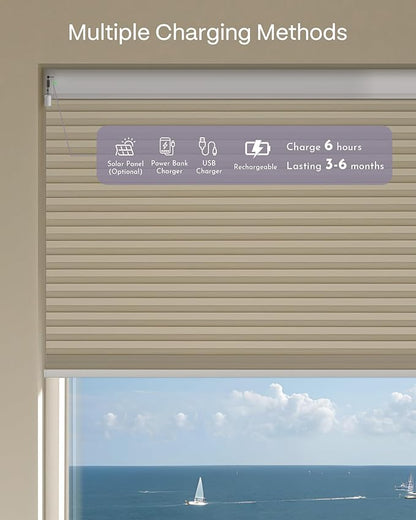 Graywind Motorized Matter Cellular Shades- 100% Blackout 1-3/4"Cell Honeycomb Blinds for Indoor Windows, Compatible with Alexa Google Siri, Custom Size,Beige