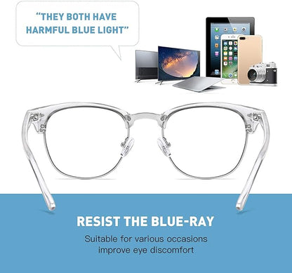 Blue Light Blocking Glasses Vintage Half Frame UV Clear Lens Anti Eyestrain Computer Gaming Glasses for Women Men (E-matte Black Silver+crystal Silver)