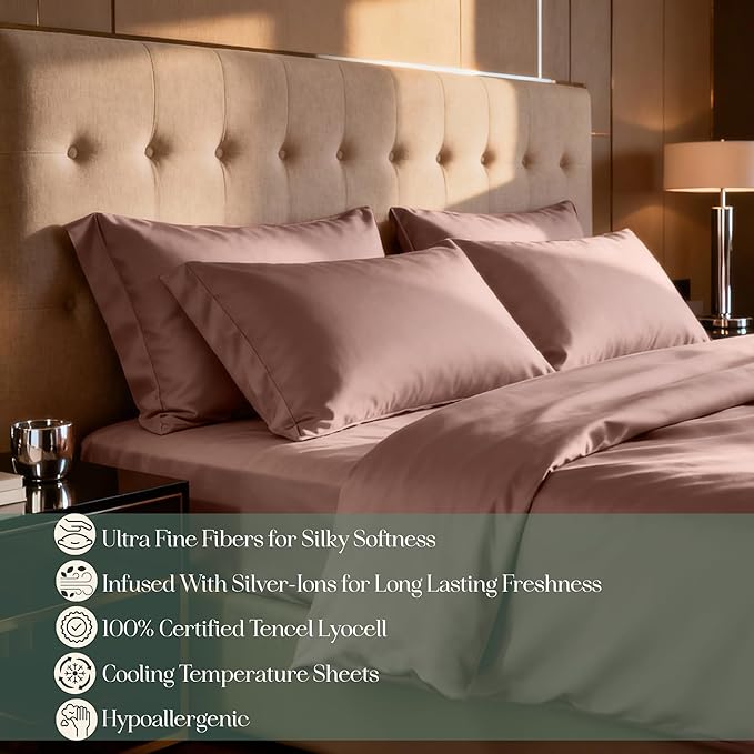 Eucalyptus Sheets - Infused with Silver for Anti-Odor, Softer Than Silk Fibers, More Cooling Than Cotton - Perfect for Hot Sleepers & Sensitive Skin - 100% Tencel Lyocell - Cali-King Sheet Set