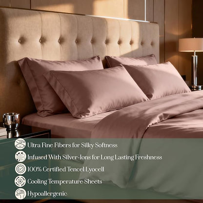 Eucalyptus Sheets - Infused with Silver for Anti-Odor, Softer Than Silk Fibers, More Cooling Than Cotton - Perfect for Hot Sleepers & Sensitive Skin - 100% Tencel Lyocell - Cali-King Sheet Set