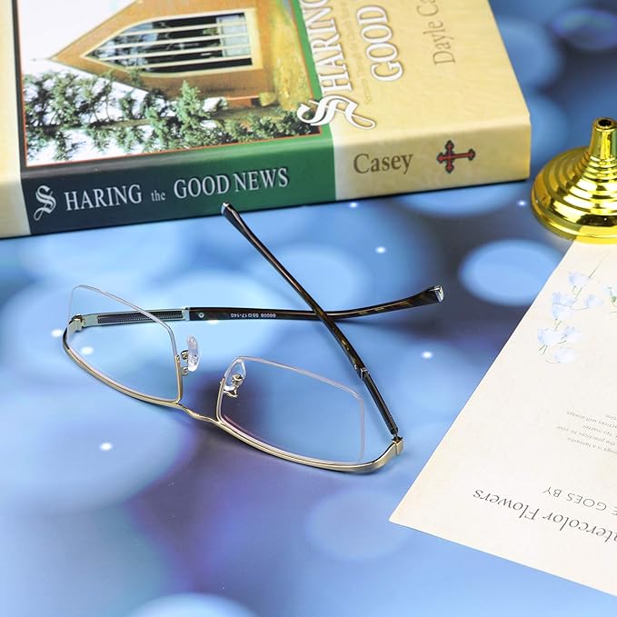 LifeArt Alloy Semi-Rimless Reading Glasses,Blue Light Blocking Glasses, Anti Eyestrain, Computer Gaming Glasses, TV Glasses for Men, Anti Glare (Golden, +1.50 Magnification)