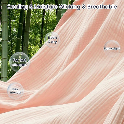 PHF Cooling Muslin Twin Blanket for Hot Sleepers, 60% Viscose from Bamboo, 40% Cotton and 4-Layer Breathable Gauze Blanket for Bed Couch, 66"x90", Pink Rose