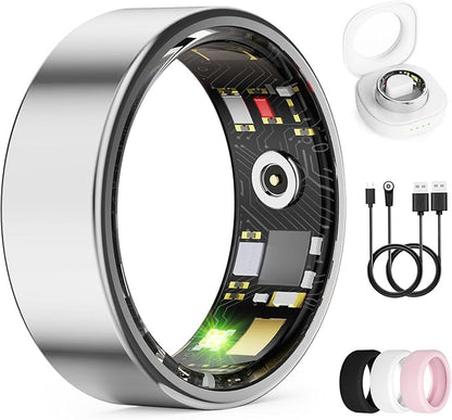 Smart Ring for Women & Men, Health Tracker Ring with Heart Rate, Blood Oxygen,Blood Pressure, IP68 Waterproof Fitness Ring, Sleep Tracker for iPhone and Android, No APP Fee (Silver, 11#)