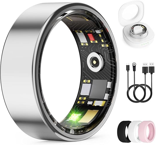 Smart Ring for Women & Men, Health Tracker Ring with Heart Rate, Blood Oxygen,Blood Pressure, IP68 Waterproof Fitness Ring, Sleep Tracker for iPhone and Android, No APP Fee (Silver, 11#)