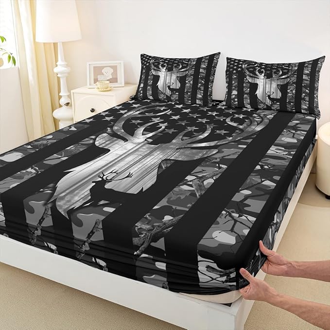 Camouflage American Flag Sheet Set Full,Deer Antlers Silhouette Bedding Set for Kids Teens Adults, Wild Animal Natural Camo Bed Sheet 4pcs with Deep Pocket Fitted Sheet + Flat Sheet + 2 Pillowcases