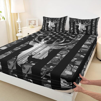 Deer Antlers Silhouette Sheet Set Queen,Camouflage American Flag Bedding Set for Kids Teens Adults, Camo Wild Animal Natural Bed Sheet 4pcs with Deep Pocket Fitted Sheet + Flat Sheet + 2 Pillowcases
