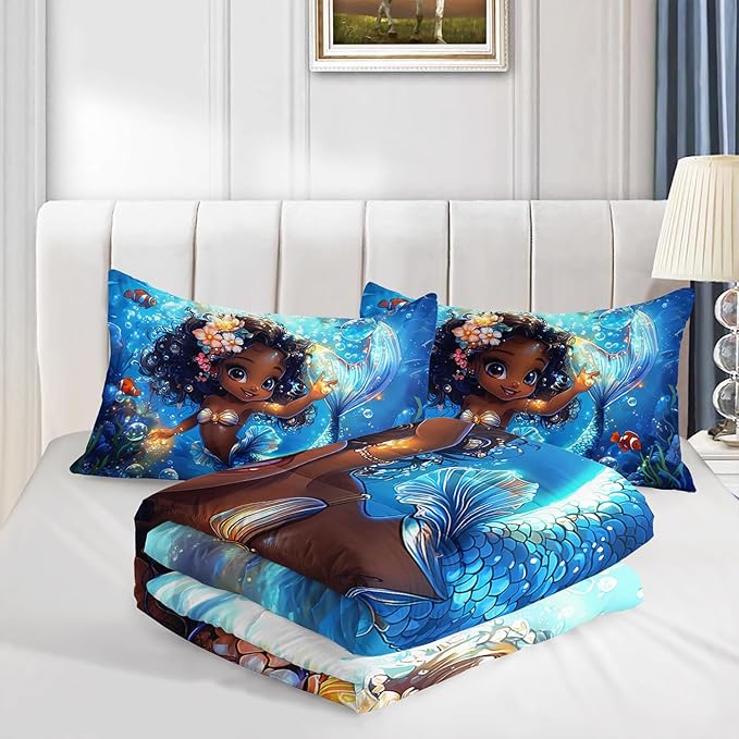 Black Little Mermaid Pattern Twin Comforter Set,Underwater World Ocean Themed Bedding Sets for Kids Toddlers Girls Boys Room Decor,Princess Bedding with 2 Pillowcases.