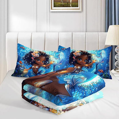 Black Little Mermaid Pattern King Comforter Set,Underwater World Ocean Themed Bedding Sets for Kids Toddlers Girls Boys Room Decor,Princess Bedding with 2 Pillowcases.