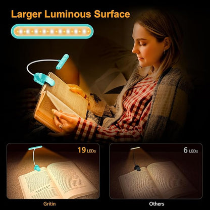 Gritin Rechargeable Book Light for Reading in Bed with 19 LED &Memory Function-Eye Caring 3 Color Temperatures,5 Brightness Levels,90 Hrs Runtime Flexible Goose Neck Clip on Light-Blue