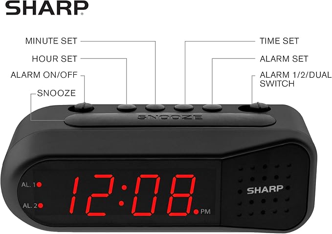 Sharp Easy-Set Digital Alarm Clock for Bedroom – Large Red LED Display, Ascending Loud Alarm for Heavy Sleepers, Dual Alarm Weekday/Weekend, Simple Operation, Snooze & Dimmer Control, Battery Backup
