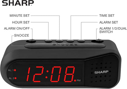 Sharp Easy-Set Digital Alarm Clock for Bedroom – Large Red LED Display, Ascending Loud Alarm for Heavy Sleepers, Dual Alarm Weekday/Weekend, Simple Operation, Snooze & Dimmer Control, Battery Backup