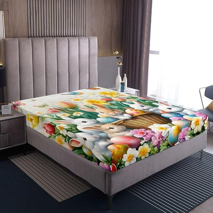 Kawaii Rabbits Fitted Sheet Queen Size Spring Easter Bunny Flower Bedding Set for Kids Bedroom Tulip Easter Egg Floral Bed Sheet Set 3pcs Colorful Deep Pocket Mattress Cover,No Top Flat
