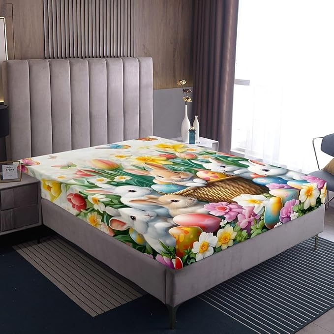 Kawaii Rabbits Fitted Sheet Full Size Spring Easter Bunny Flower Bedding Set for Kids Bedroom Tulip Easter Egg Floral Bed Sheet Set 3pcs Colorful Deep Pocket Mattress Cover,No Top Flat