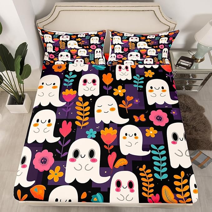Cartoon Ghosts Fitted Sheet Queen Size Halloween Ghost Cute Groovy Daisy Flowers Bedding Sheet Set,Purple Squares Grids Patchwork Black Bed Cover Ultra Soft Breathable Bedding 3 Pcs