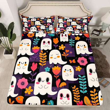 Cartoon Ghosts Fitted Sheet Queen Size Halloween Ghost Cute Groovy Daisy Flowers Bedding Sheet Set,Purple Squares Grids Patchwork Black Bed Cover Ultra Soft Breathable Bedding 3 Pcs