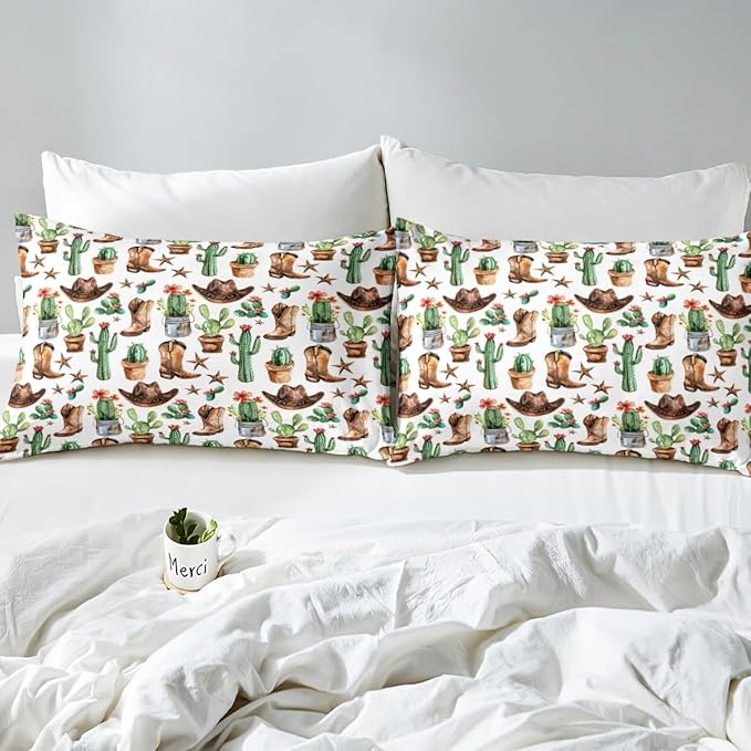 Cowboy Boots Hats Bed Sheet Set Home Decor American Western Tribal Texas Star Vintage Sheet Sets Deep Pocket,Rustic Desert Cactus Natural Mattress Cover,Twin Size with 1 Pillowcase