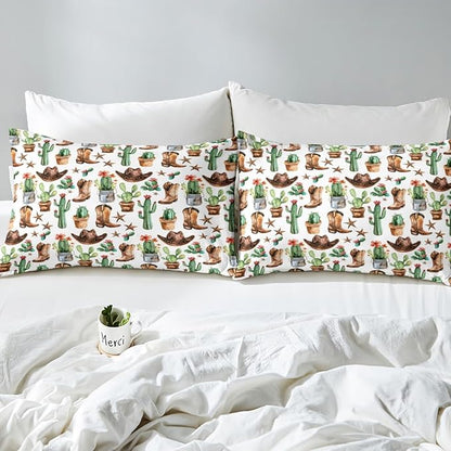 Cowboy Boots Hats Bed Sheet Set Home Decor American Western Tribal Texas Star Vintage Sheet Sets Deep Pocket,Rustic Desert Cactus Natural Mattress Cover,Twin Size with 1 Pillowcase