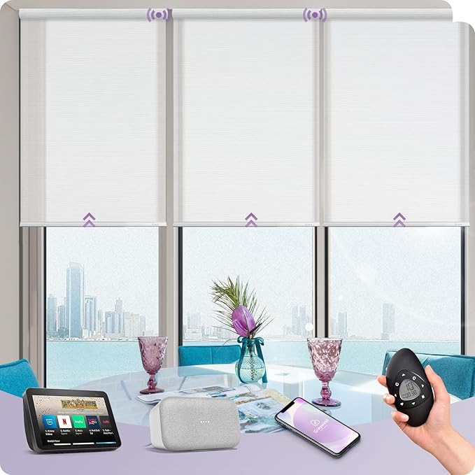 Graywind Motorized Light Filtering Shades Compatible with Alexa Google Rechargeable Remote Control Smart Blinds Automatic Window Shade with Valance for Home Office, Custom Size (Sheer White)