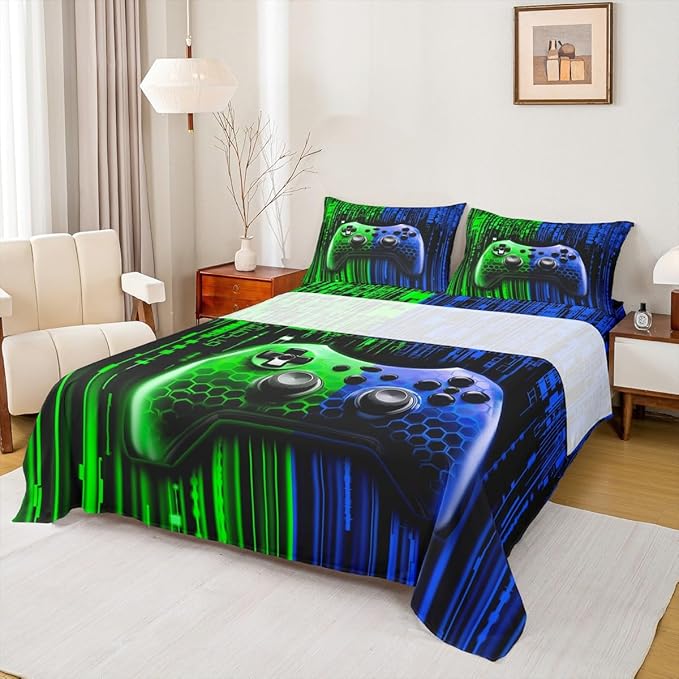 Gamepad Kids Sheet Full Size,Modern Videogame Gaming Controller Bedding Set,Boys Girls Room Decor,Geometric Honeycomb Hexagon Blue Green Fashion Bed Sheet Set 4pcs(Fitted + Flat + 2 Pillowcases)