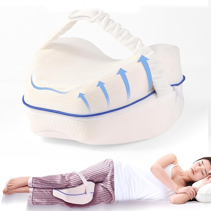 Knee and Leg Memory Foam Pillow for Side Sleepers, Ergonomic Support for Back, HIPS, Knees, Joints, Nerves and Muscle Discomfort Relief (White with Strap)