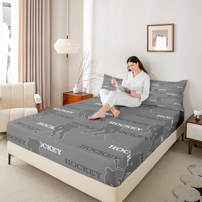 Manfei Hockey Players Kids Sheet Full Size, Bedding Set, Ball Activity Game Kids Room Decor,Gray Sheet(Fitted+Flat+2 Pillowcases)