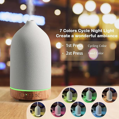 Diffuserlove Ceramic Essential Oil Diffuser 160ML Aromatherapy Diffuser for Home Bedroom Room Cool Mist Humidifier Stone Air Diffusers with Yellow Wood Pattern Base (Size:6.8" H x 3.6" W)