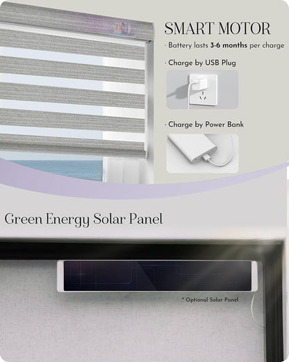 Graywind Motorized Blinds with Remote, Smart Zebra Shades for Windows, Roller Blinds Compatible with Apple Homekit, Alexa, Google Home, Custom Size, Linen Weave Gray