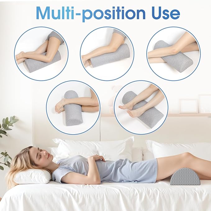 Knee Pillow for Back Sleeping Memory Foam Half Moon Bolster Pillow for Legs, Under Knee Support, Ankle & Foot Comfort Orthopedic Pillow for Side Sleepers (Grey, 20.4" x 8" x 4.9")