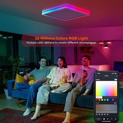 Smart LED Ceiling Light WiFi, 13in RGB Flush Mount Lighting Fixture with Remote, Compatible with Alexa Google Home, Low Profile Ceiling Light for Bedroom, Kitchen, Square White