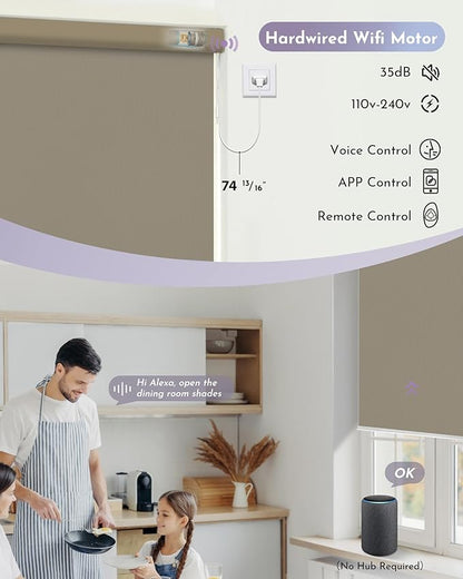 Graywind Motorized Roller Shade 100% Blackout Compatible with Alexa Google Waterproof Vinyl Fabric Remote Control Hardwired Window Shades Window Blinds, Customized Size (Coffee)