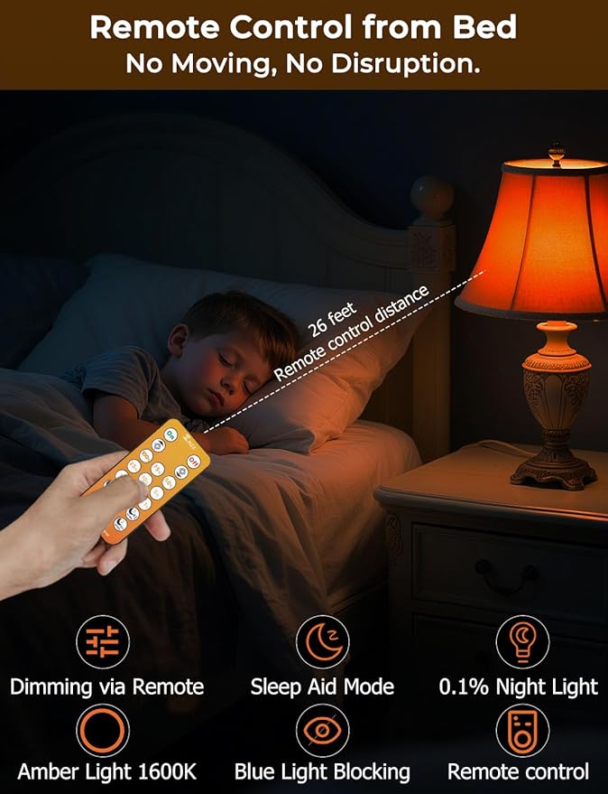 Amber Sleep Light Bulbs 1600K with Remote Control, E26 Blue Light Blocking A19, 9W for Sleep Therapy, Baby Nursery, Bedroom (4 Packs)