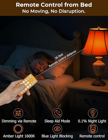 Amber Sleep Light Bulbs 1600K with Remote Control, E26 Blue Light Blocking A19, 9W for Sleep Therapy, Baby Nursery, Bedroom (4 Packs)