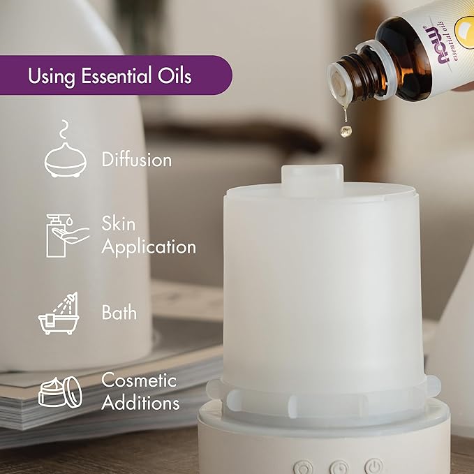 NOW Foods Essential Oils, Ultrasonic Faux Wood Aromatherapy Oil Diffuser, Contemporary Design, Extremely Quiet Heat Free, Color Changing LED Diffuser