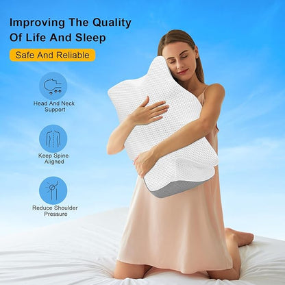 Anvo Cervical Pillow for Neck Pain Relief, Neck Pillows for Pain Relief Sleeping, Memory Foam for Back and Shoulder Pain, Ergonomic Design for Side Back Stomach Sleeper, White Firm Queen