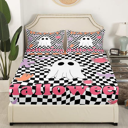 Happy Halloween Fitted Sheet Twin Size,Geometric Black White Plaids Patchwork Bed Sheet with 1 Pillowcase,Cartoon Ghost Bat Spider Graffiti Soft Decorative Fabric Bedding,Room Gift