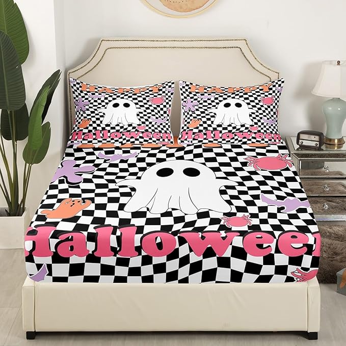 Happy Halloween Fitted Sheet,Geometric Black White Plaids Patchwork Sheet Set for Adults Ultra Soft Room Gift,Cartoon Ghost Bat Spider Graffiti Bedding Set with 2 Pillowcases,Queen Size