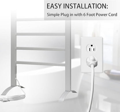 KEG Towel Warmer 6 Bars for Bathroom Freestanding or Wall Mounted Bath Towel Heater Plug-in with Built-in Timer Silver
