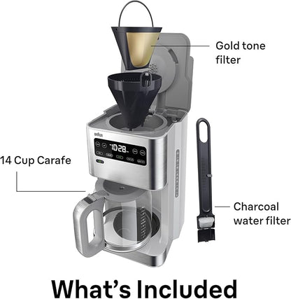 Braun PureFlavor 14‑Cup Programmable Coffee Maker – Fast Brew Speed, Touch Display, Bold & Brew‑Over‑Ice Modes, FlavorCarafe & Adjustable Warm Plate, White